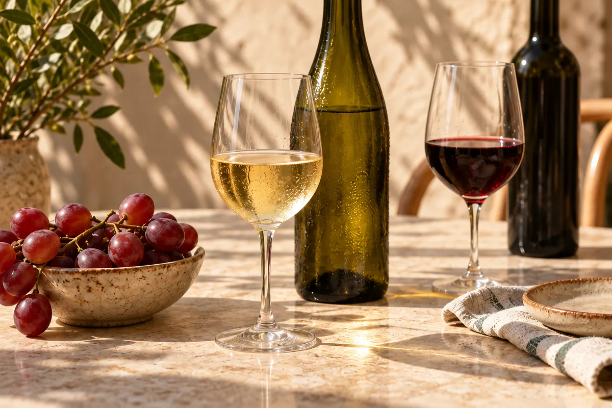 Wine glasses, unbranded bottles and grapes on a sunlit table